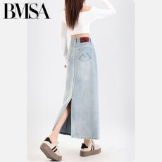 批发牛仔裙女半身裙2025新款小个子后开衩浅蓝色高腰显瘦a字长款裙子
