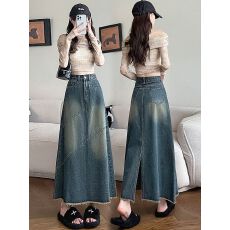 批发复古牛仔半身裙女春<b class='q'>秋</b>2025新款高腰显瘦垂感开叉毛边a字包臀长裙