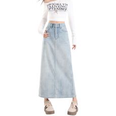 批发浅蓝色独特绝美牛仔半身裙女2025年秋<b class='q'>冬</b>新款长款开叉牛仔包臀裙子