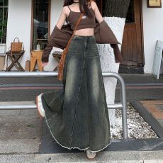 批发美式复古牛仔半身裙女秋季新款高腰显瘦中长款a字包臀鱼尾大摆裙