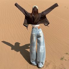 批发阔腿牛仔裤女秋冬新款个性设计感美式慵懒风显瘦直筒宽松拖地<b class='q'>裤子</b>