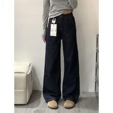 批发深蓝色丹宁阔腿<b class='q'>牛仔裤</b><b class='q'>女</b>秋冬2025潮流新款宽松高腰<b class='q'>直筒</b>裤子