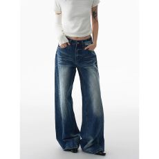 批发美式牛仔阔腿裤女2025年<b class='q'>秋</b>冬季新款折痕设计松弛感显瘦拖地裤子