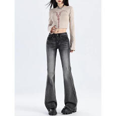 批发美式微喇牛仔裤大码女装2025<b class='q'>春</b>秋高腰显瘦辣妹小个子拖地马蹄裤