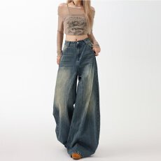 批发复古蓝高街宽松阔腿牛仔裤女美式复古设计感高腰垂感弯刀拖地裤子