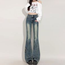 批发双扣设计微喇<b class='q'>牛仔裤</b>女装复古胖mm修身弹力高腰大码<b class='q'>喇叭</b>马蹄长裤子