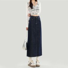 批发丹宁蓝高腰牛仔半身裙女2026年春<b class='q'>夏</b>新款显瘦遮胯后开叉包臀长裙