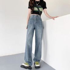 批发<b class='q'>大码</b>胖mm春夏高街牛仔<b class='q'>裤</b>女宽松显瘦设计感高腰直筒阔腿<b class='q'>裤</b>子ins潮