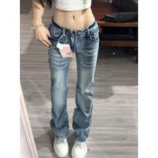 批发美式高街毛须低腰<b class='q'>微喇</b><b class='q'>牛仔裤</b>女春夏新款设计感辣妹弹力窄版直筒裤