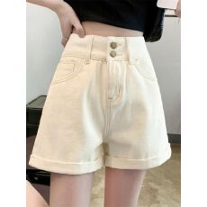 批发米<b class='q'>白色</b>卷边牛仔<b class='q'>短裤</b>女夏季新款设计感高腰显瘦小个子阔腿a字热裤