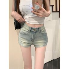 批发浅蓝色牛仔超短裤女装夏季复古高腰休闲直筒裤子辣妹紧身包臀热裤