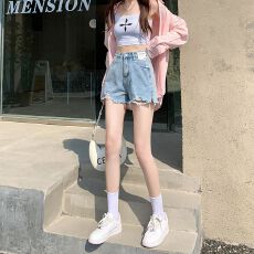 批发浅蓝色破洞牛仔短裤女士2026夏季新款高腰显瘦小个子a字阔腿热裤