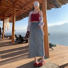 批发高腰a字牛仔半身裙女潮流<b class='q'>百搭</b>新款后开叉<b class='q'>百搭</b>显瘦中长包臀裙子