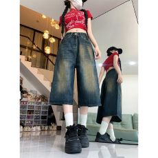 批发美式高街复古阔腿<b class='q'>牛仔</b>中裤女2026夏季<b class='q'>高腰</b>大码显瘦宽松直筒<b class='q'>短裤</b>子