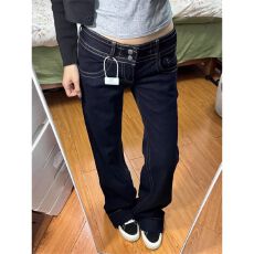 批发美式复古双腰扣不贴腿<b class='q'>微喇</b><b class='q'>牛仔裤</b>女春夏高个子加长百搭低腰直筒裤