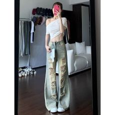 批发美式街头复古破洞阔腿<b class='q'>牛仔裤</b>女夏季新款低腰显瘦小个子<b class='q'>微喇</b>拖地裤