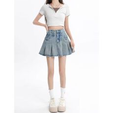 批发浅色牛仔短裙女a字半身裙大码胖mm小个子<b class='q'>春</b>季薄款高腰显瘦百褶裙