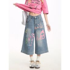 批发涂鸦牛仔七分裤女夏季潮流新款美式阔腿裤子宽松直筒街头休闲短裤