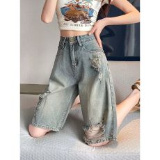批发破洞五分<b class='q'>牛仔</b>裤女2026年夏季新款大码胖mm显瘦梨型身中裤五分<b class='q'>短裤</b>