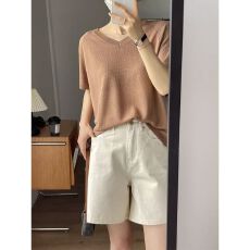 批发大码杏色<b class='q'>牛仔</b><b class='q'>短裤</b>女夏季2026年新款高腰显瘦宽松百搭阔腿五分裤子