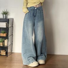 批发复古阔腿牛仔裤女夏季新款显瘦<b class='q'>大码</b><b class='q'>胖</b><b class='q'>mm</b><b class='q'>梨形</b>身材宽松垂感直筒裤子