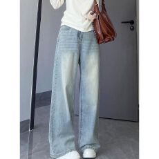批发浅色阔腿牛仔裤女夏季潮流新款宽松<b class='q'>胖</b><b class='q'>mm</b><b class='q'>大码</b>梨形身材显瘦直筒裤子
