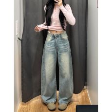 批发美式水洗蓝阔腿牛仔裤女夏季新款<b class='q'>大码</b><b class='q'>胖</b><b class='q'>mm</b><b class='q'>高腰</b>宽松显瘦垂感直筒裤