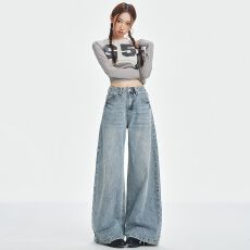 批发美式复古浅蓝色阔腿<b class='q'>牛仔裤</b>女夏季高腰<b class='q'>显瘦</b>宽松慵懒风拖地直筒裤子