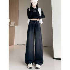 批发黑色<b class='q'>牛仔裤</b>女夏季新款大码胖mm高腰宽松直筒裤显瘦<b class='q'>松紧腰</b>阔腿裤子