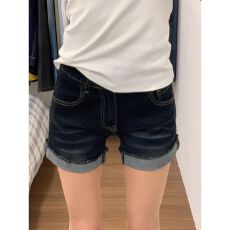批发<b class='q'>大码</b>复古美式牛仔短裤女夏季薄款胖mm高腰显瘦深蓝色弹力直筒热裤