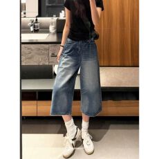 批发复古阔腿七分牛仔裤女夏季新款宽松<b class='q'>大码</b>胖mm显瘦梨型身材直筒马裤