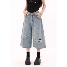 批发美式复古破洞七分牛仔裤女夏季新款宽松阔腿<b class='q'>大码</b>直筒高腰7分中裤
