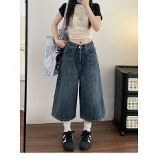 批发复古阔腿牛仔七分裤女夏季新款<b class='q'>大码</b>胖mm宽松显瘦梨形身材直筒裤子