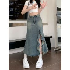 批发设计感荷叶边开叉牛仔裙女新款大码显瘦高腰鱼尾裙包臀半身裙子潮