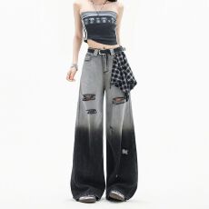 批发<b class='q'>大码</b>黑灰色渐变破洞阔腿牛仔裤女秋季显瘦美式高腰宽松直筒阔腿裤