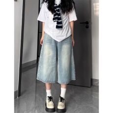 批发浅色直筒牛仔裤<b class='q'>女</b>夏新款高腰大码胖mm宽松显瘦梨型身材阔腿<b class='q'>七分裤</b>