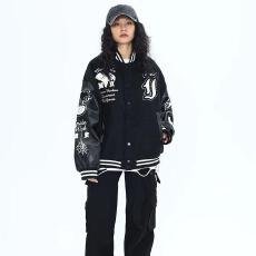 批发美式<b class='q'>街头</b>嘻哈高级感黑色字母印花棒球服外套男女冬季高街夹棉夹克