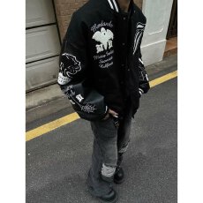 批发美式<b class='q'>街头</b>嘻哈高级感黑色字母印花棒球服外套男女冬季高街夹棉夹克