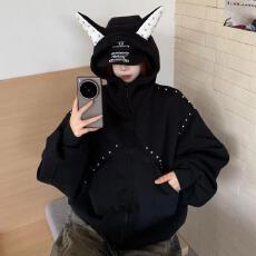 批发【云朵绒复合】薄款320g,厚款400g高街杜宾犬耳朵铆钉珍珠卫衣