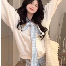 云朵绒复合薄款320g,厚款400g格子蝴蝶结绑带连帽卫衣女
