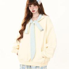 云朵绒复合薄款320g,厚款400g格子蝴蝶结绑带连帽卫衣女