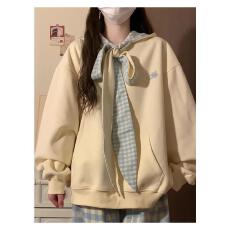 批发【云朵绒复合】薄款320g,厚款400g格子蝴蝶结绑带连帽卫衣女