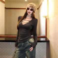 批发【罗纹德绒220克】德绒辣妹风v领<b class='q'>长袖</b><b class='q'>T</b><b class='q'>恤</b>女秋季修身收腰打底衫