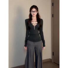 批发【罗纹德绒220克】德绒辣妹风v领<b class='q'>长袖</b><b class='q'>T</b><b class='q'>恤</b>女秋季修身收腰打底衫