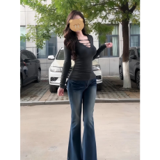 批发【罗纹德绒220克】德绒辣妹风v领<b class='q'>长袖</b><b class='q'>T</b><b class='q'>恤</b>女秋季修身收腰打底衫