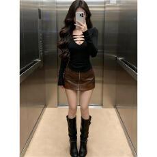 批发【罗纹德绒220克】德绒辣妹风v领<b class='q'>长袖</b><b class='q'>T</b><b class='q'>恤</b>女秋季修身收腰打底衫