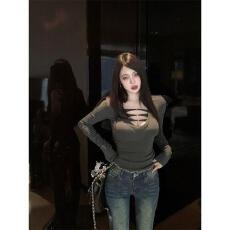 批发【罗纹德绒220克】德绒辣妹风v领<b class='q'>长袖</b><b class='q'>T</b><b class='q'>恤</b>女秋季修身收腰打底衫