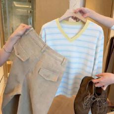 批发广州面料 夏季<b class='q'>长袖</b>防晒罩衫水印蓝白条纹V领140g上衣