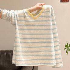 批发广州面料 夏季<b class='q'>长袖</b>防晒罩衫水印蓝白条纹V领140g上衣