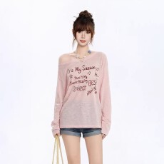 批发广州面料 <b class='q'>长袖</b><b class='q'>T</b><b class='q'>恤</b>140g粉色防晒罩衫 透气宽松设计感水印